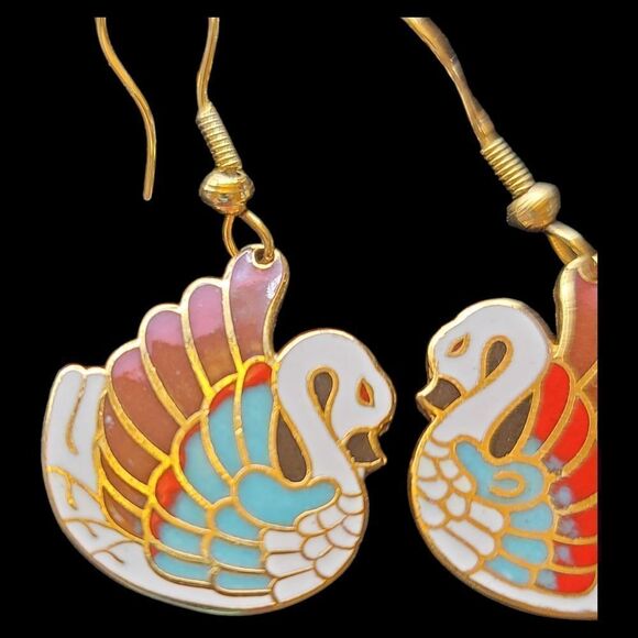 Vintage Cloisonne Earrings White MultiColor Enamel Swans Gold-Tone 2" - Picture 2 of 5